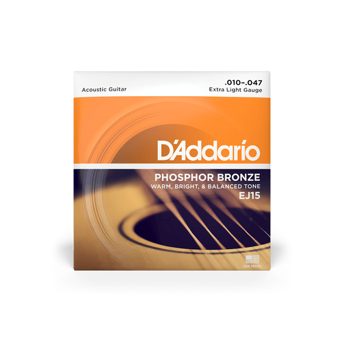 D'Addario EJ15 Phosphor Bronze Extra Light Acoustic Guitar Strings (10-47) – Warm, Balanced Tone & Easy Playability