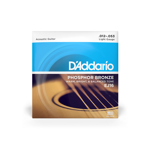 D'Addario EJ16 Phosphor Bronze Light Acoustic Guitar Strings (12-53) – Warm, Balanced Tone & Responsive Playability