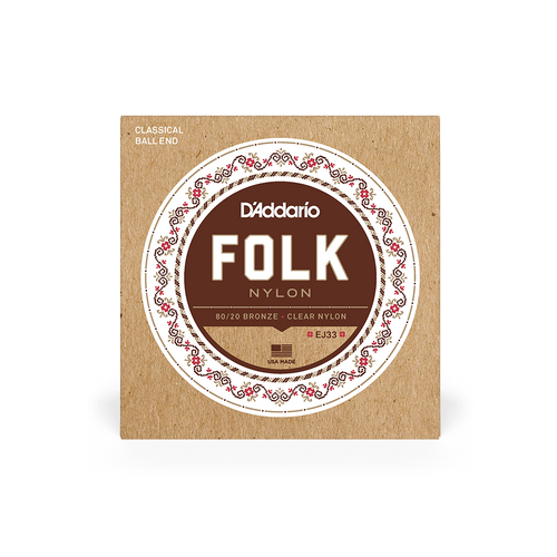 D'Addario EJ33 80/20 Bronze/Clear Nylon Folk Nylon Ball End Classical Guitar Strings – Warm, Rich Tone & Easy Playability