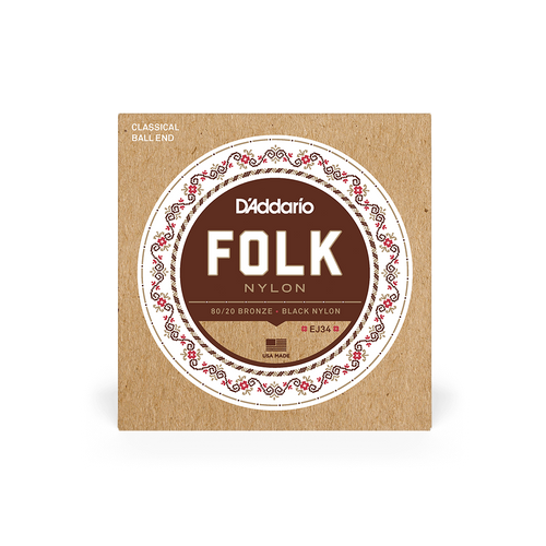 D'Addario EJ34 Folk Nylon 80/20 Bronze Wound Ball End Classical Guitar Strings – Warm, Balanced Tone with Black Nylon Trebles