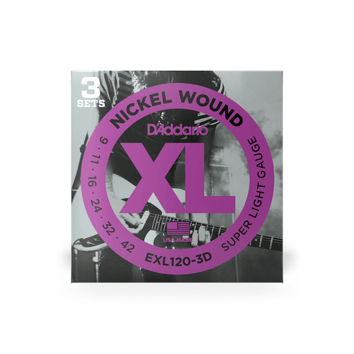 D'Addario EXL120-3D XL Nickel Wound Super Light Electric Guitar Strings 3-Pack (9-42) – Bright Tone with Excellent Playability