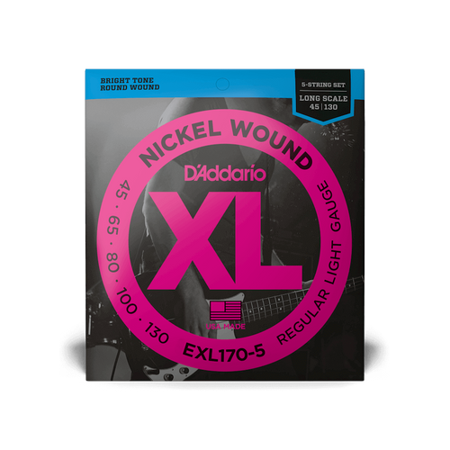 D'Addario EXL170-5 XL Nickel Wound Regular Light Long Scale 5-String Electric Bass Guitar Strings (45-130) – Clear, Balanced Tone for Extended Range