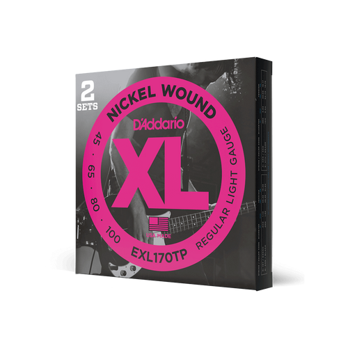 D'Addario EXL170TP XL Nickel Wound Regular Light Long Scale Electric Bass Guitar Strings Twin Pack (45-100) – Bright, Clear Tone with Excellent Playability