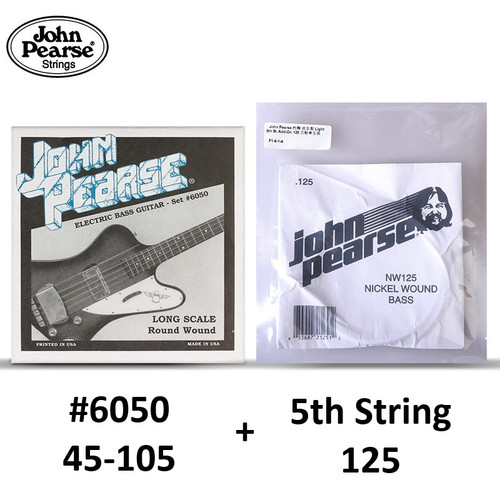 John Pearse 5-String Electric Bass Guitar Strings - Nickel Round Wound Set (45-125 Gauge) - Custom #6050 Bundle, Long Scale, Ball End