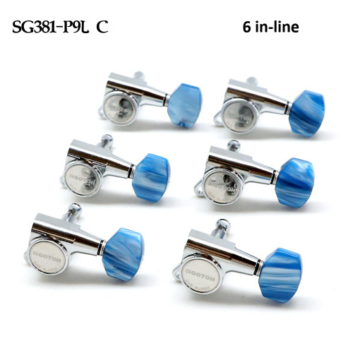 Gotoh SG381-P9 Guitar Tuning Machines 6-In-Line (L6) — Chrome, Blue Pearl Buttons