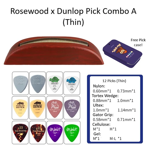 PYLON Rosewood Spring Guitar Pick Holder + Dunlop Combo A — 12 Thin Picks & Case