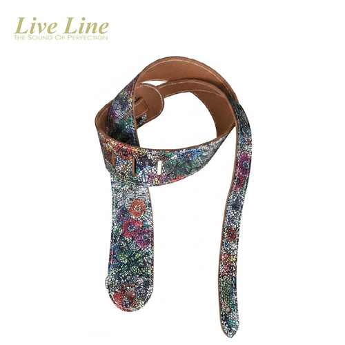 Live Line Blooming Series Vintage Leather Guitar Strap — Glitter Black Floral, Made in Japan