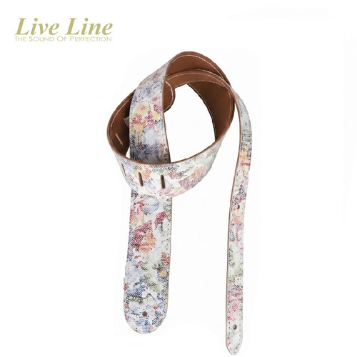 Live Line Blooming Series Vintage Leather Guitar Strap — Aged White Floral, Made in Japan