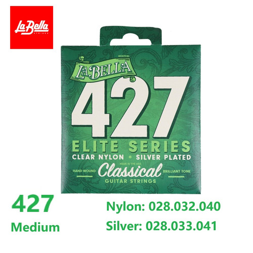 La Bella 427 Elite Classical Guitar Strings – Clear Nylon, Silver-Plated Basses, Medium Tension