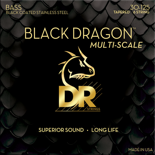 DR Strings DBSMB6-30 Black Dragon Stainless Steel Medium 6-String Bass Guitar Strings 30-125 Tapered Multi-Scale