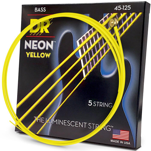 DR Strings NYB5-45 Hi-Def Neon Yellow Colored Medium 5-String Bass Guitar Strings 45-125