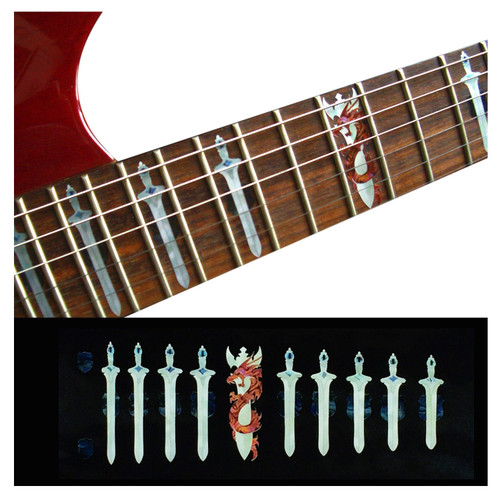 Jockomo Sword & Dragon Fret Marker Inlay Stickers, White Pearl