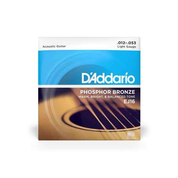 D'Addario EJ16 Phosphor Bronze Light Acoustic Guitar Strings (12-53) – Warm, Balanced Tone & Responsive Playability