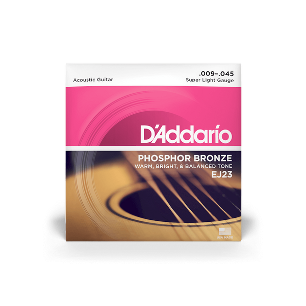 D'Addario EJ23 Phosphor Bronze Super Light Acoustic Guitar Strings (9-45) – Warm, Bright Tone & Easy Playability