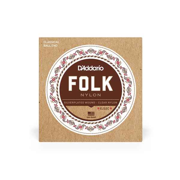 D'Addario EJ32C Folk Nylon Silver-Wound Ball End Classical Guitar Strings – Warm, Mellow Tone for Acoustic and Folk Guitars