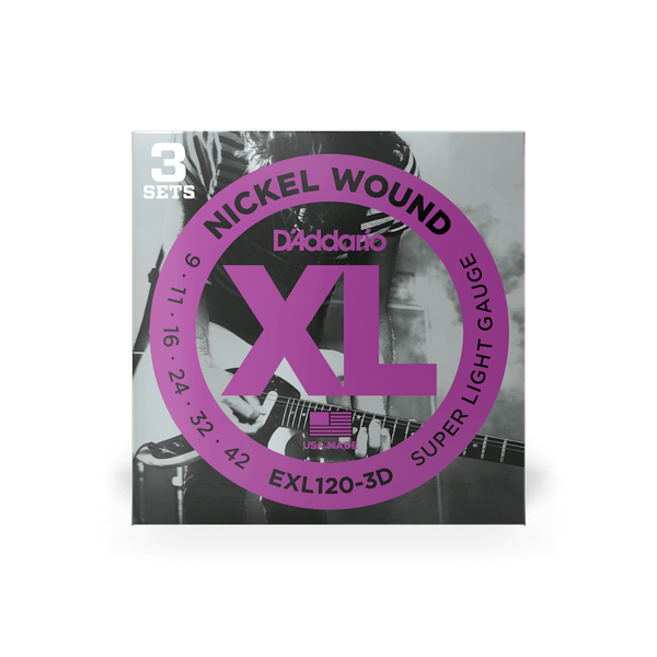 D'Addario EXL120-3D XL Nickel Wound Super Light Electric Guitar Strings 3-Pack (9-42) – Bright Tone with Excellent Playability
