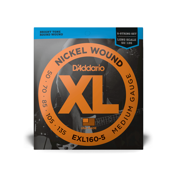 D'Addario EXL160-5 XL Nickel Wound Medium Gauge 5-String Electric Bass Guitar Strings (50-135) – Bright, Balanced Tone for Extended Range
