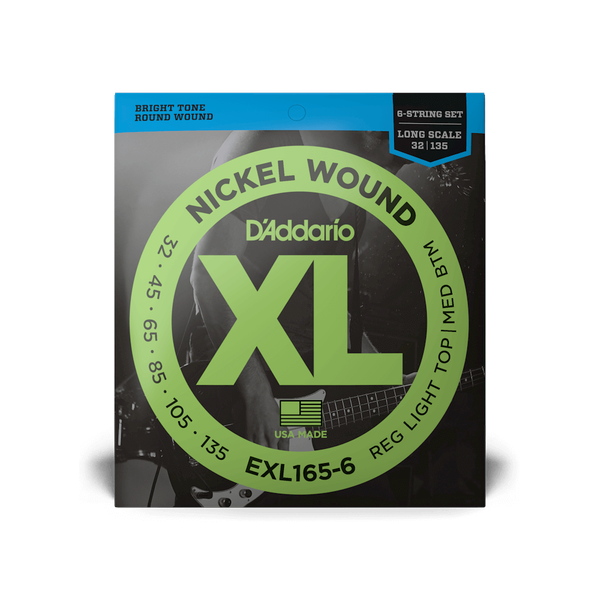 D'Addario EXL165-6 XL Nickel Wound Regular Light Top/Medium Bottom Long Scale 6-String Electric Bass Guitar Strings (32-135) – Balanced Playability with Powerful Low End