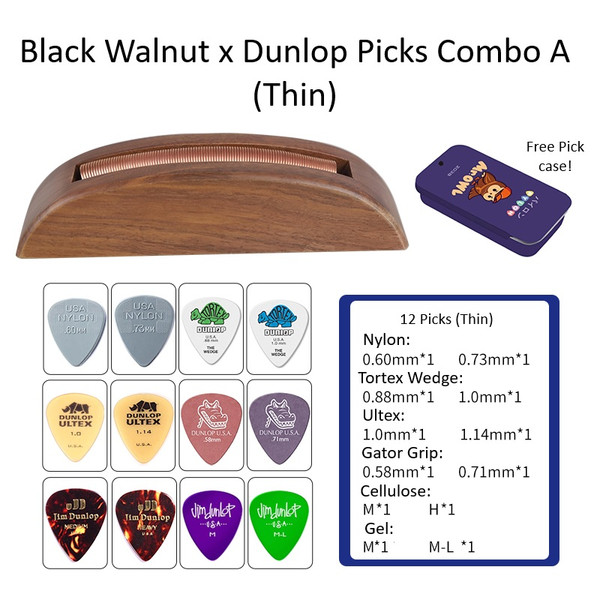 PYLON Black Walnut Spring Guitar Pick Holder + Dunlop Combo A — 12 Thin Picks & Case