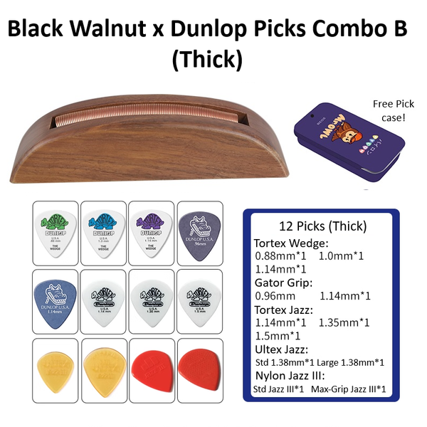 PYLON Black Walnut Spring Guitar Pick Holder + Dunlop Combo B — 12 Thick Picks & Case