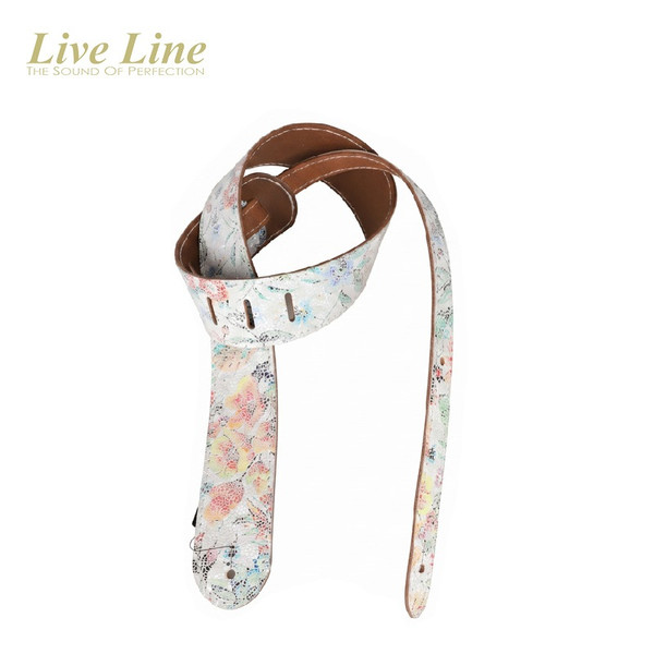 Live Line Blooming Series Vintage Leather Guitar Strap (Glitter White Floral,  Made in Japan)
