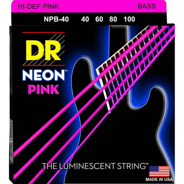 DR Strings NPB-40 Hi-Def Neon Pink Colored Light Bass Guitar Strings 40-100