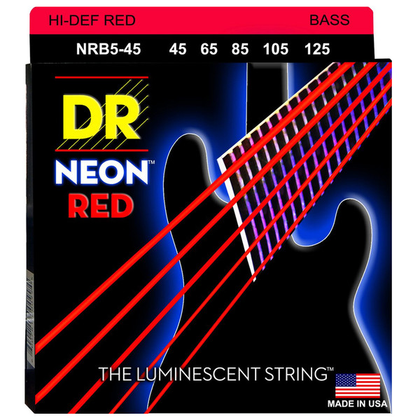 DR Strings NRB5-45 Hi-Def Neon Red Colored Medium 5-String Bass Guitar Strings 45-125