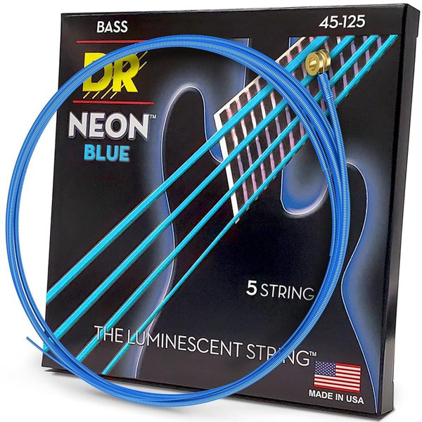 DR Strings NBB5-45 Hi-Def Neon Blue Colored Medium 5-String Bass Guitar Strings 45-125