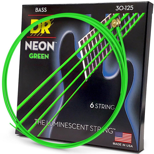 DR Strings NGB6-30 Hi-Def Neon Green Colored Medium 6-String Bass Guitar Strings 30-125