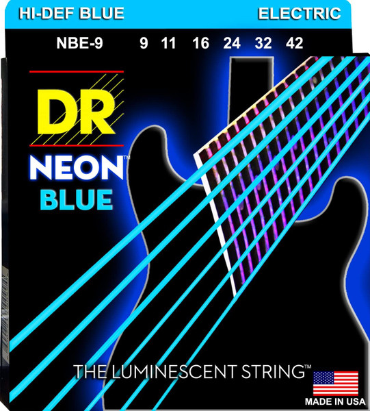 DR Strings NBE-9 Hi-Def Neon Blue Colored Light Electric Guitar Strings 09-42
