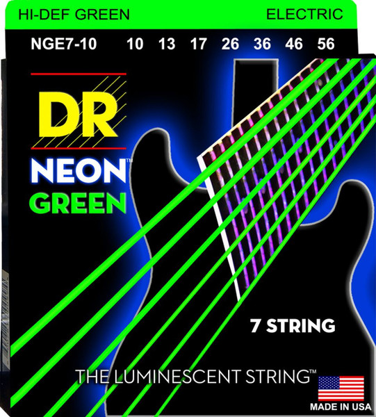 DR Strings NGE7-10 Hi-Def Neon Green Colored Medium 7-String Electric Guitar Strings 10-56