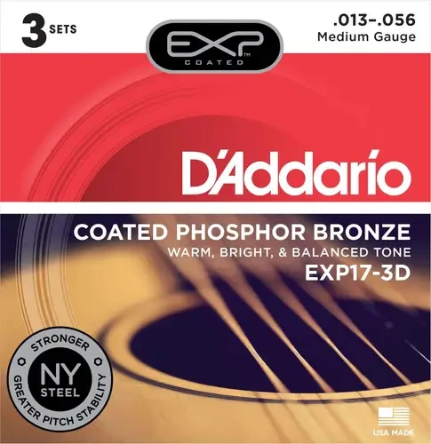 D'Addario EXP17-3D Coated Phosphor Bronze Acoustic Guitar Strings, Medium (13-56) (3-Pack)