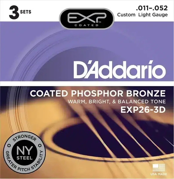 D'Addario EXP26-3D Coated Phosphor Bronze Acoustic Guitar Strings, Custom Light (11-52) (3-Pack)