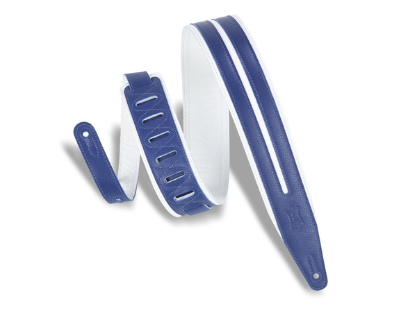 Levy's Double Racing Stripe 2 1/2" Garment Leather Guitar Strap, White/Blue (MG317DRS-WHT_BLU)