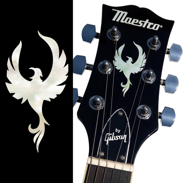 Jockomo Phoenix Bird Headstock Inlay Sticker, White Pearl