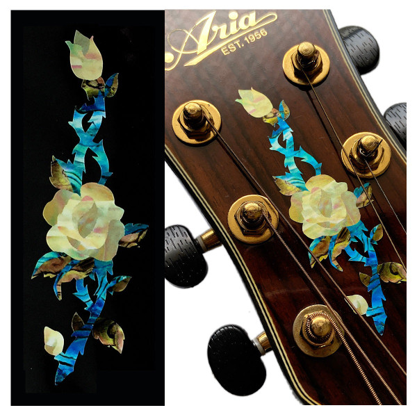 Jockomo Rose Vine Headstock Inlay Sticker, White Pearl