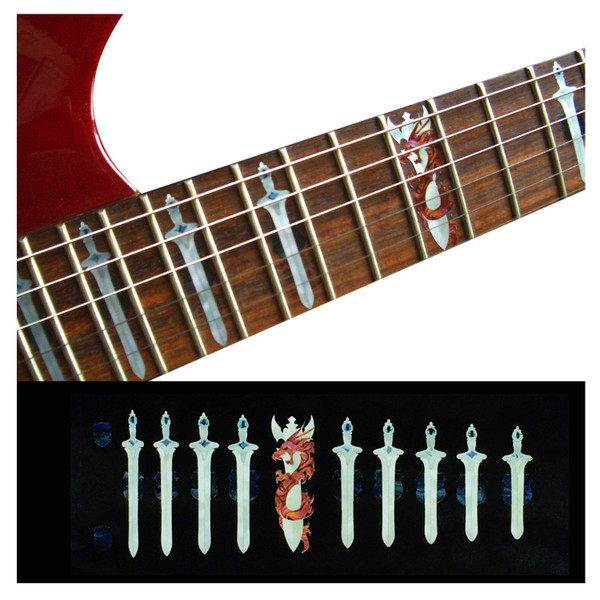 Jockomo Sword & Dragon Fret Marker Inlay Stickers, White Pearl