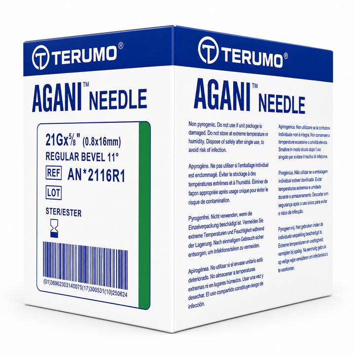 Terumo AGANI Hypodermic Needle 21g x 5/8 Inch (16mm) Green (Box of 100) (AN2116R1)