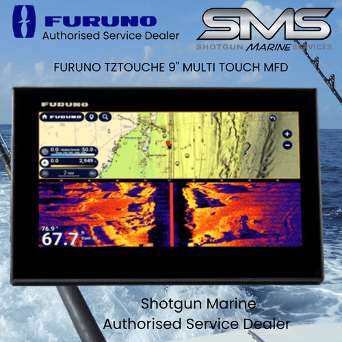 Furuno TZTouche 9 inch display front view showing fish arches on sonar and green sidescan sonar structure view, Furuno authorised service dealer