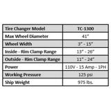 Tuxedo TC-1300 Tire Changer - Tilt-Back Press Arm - Leverless Demount Tool