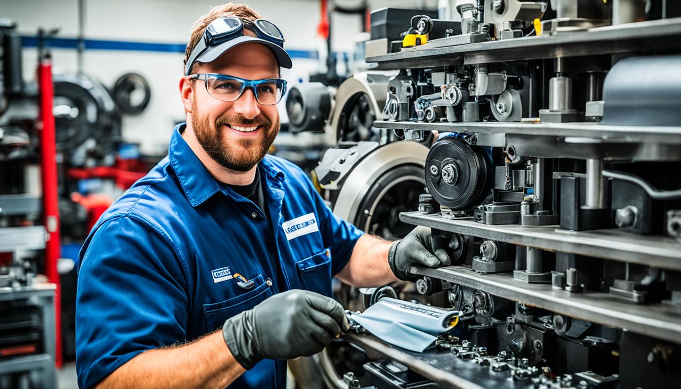 Technician performing brake lathe maintenance