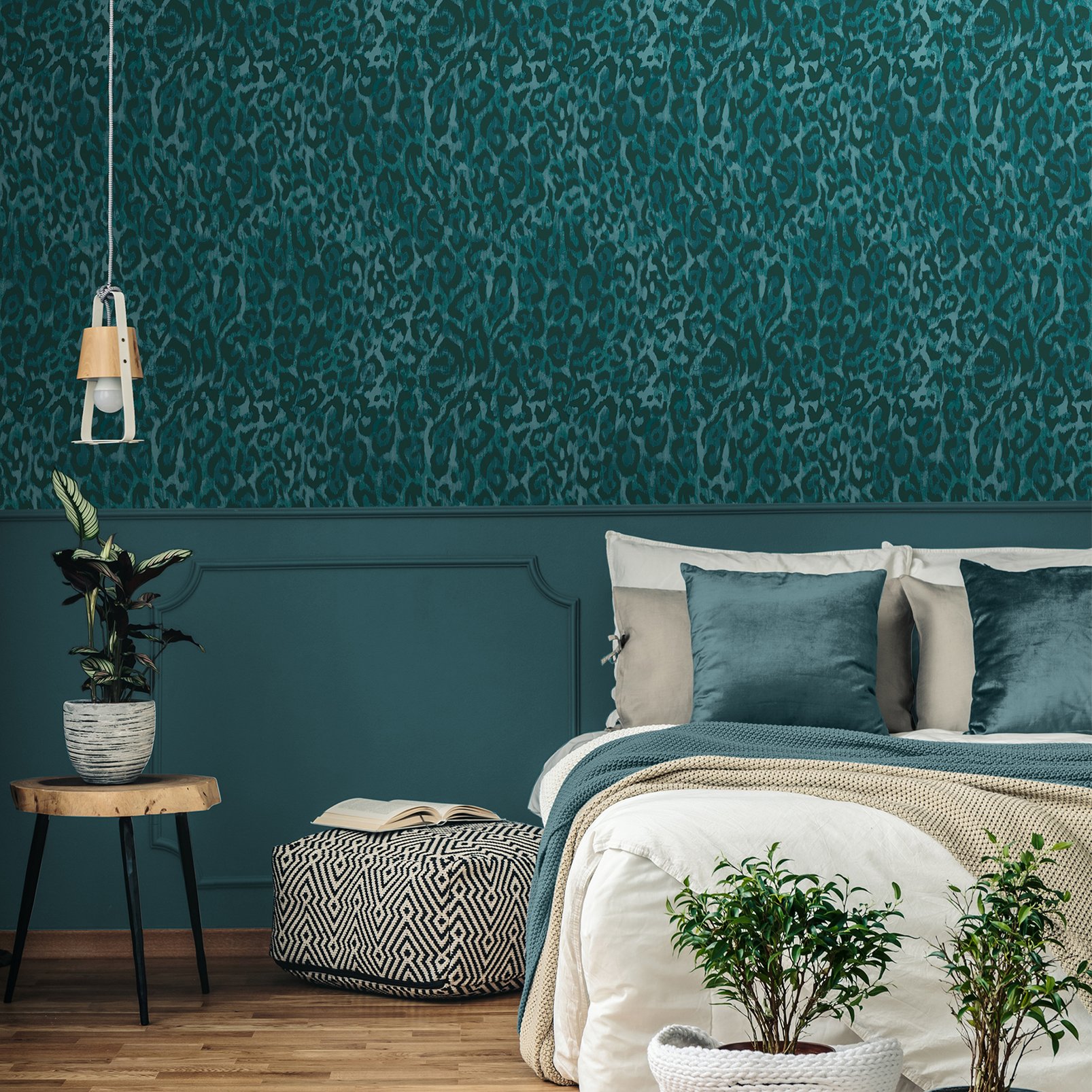 Nicole Miller Laid Back Leopard Peel & Stick Teal Wallpaper - 127463_ROOMSET_LAID BACK LEOPARD TEAL_01.jpg