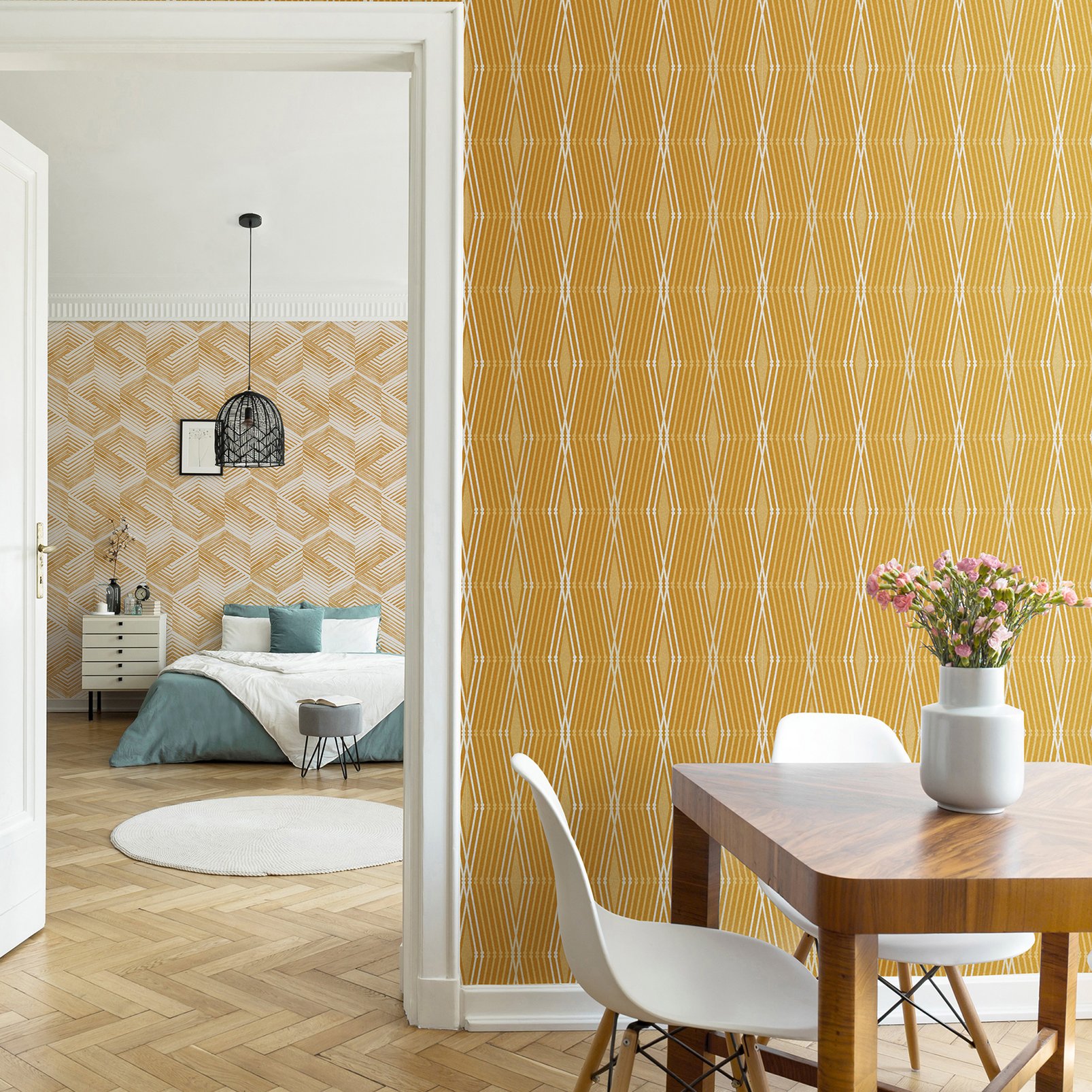 Nicole Miller Hard Edge Ogee Peel & Stick Turmeric Wallpaper - 127439_ROOMSET_HARD EDGE OGEE TURMERIC_01.jpg