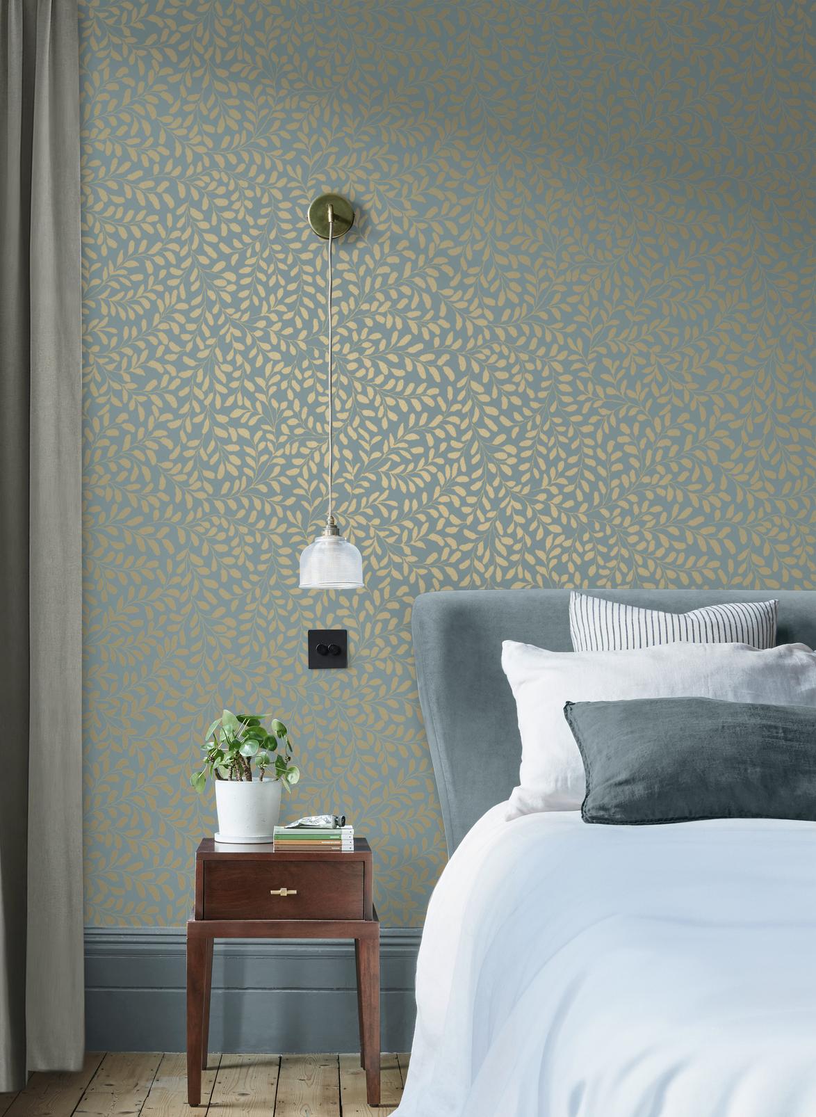 Gilded Leaf Sky Blue & Pale Gold Wallpaper