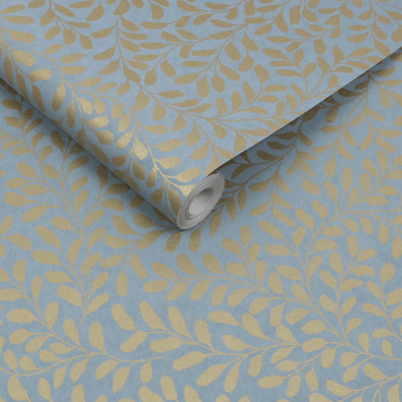 Gilded Leaf Sky Blue & Pale Gold Wallpaper