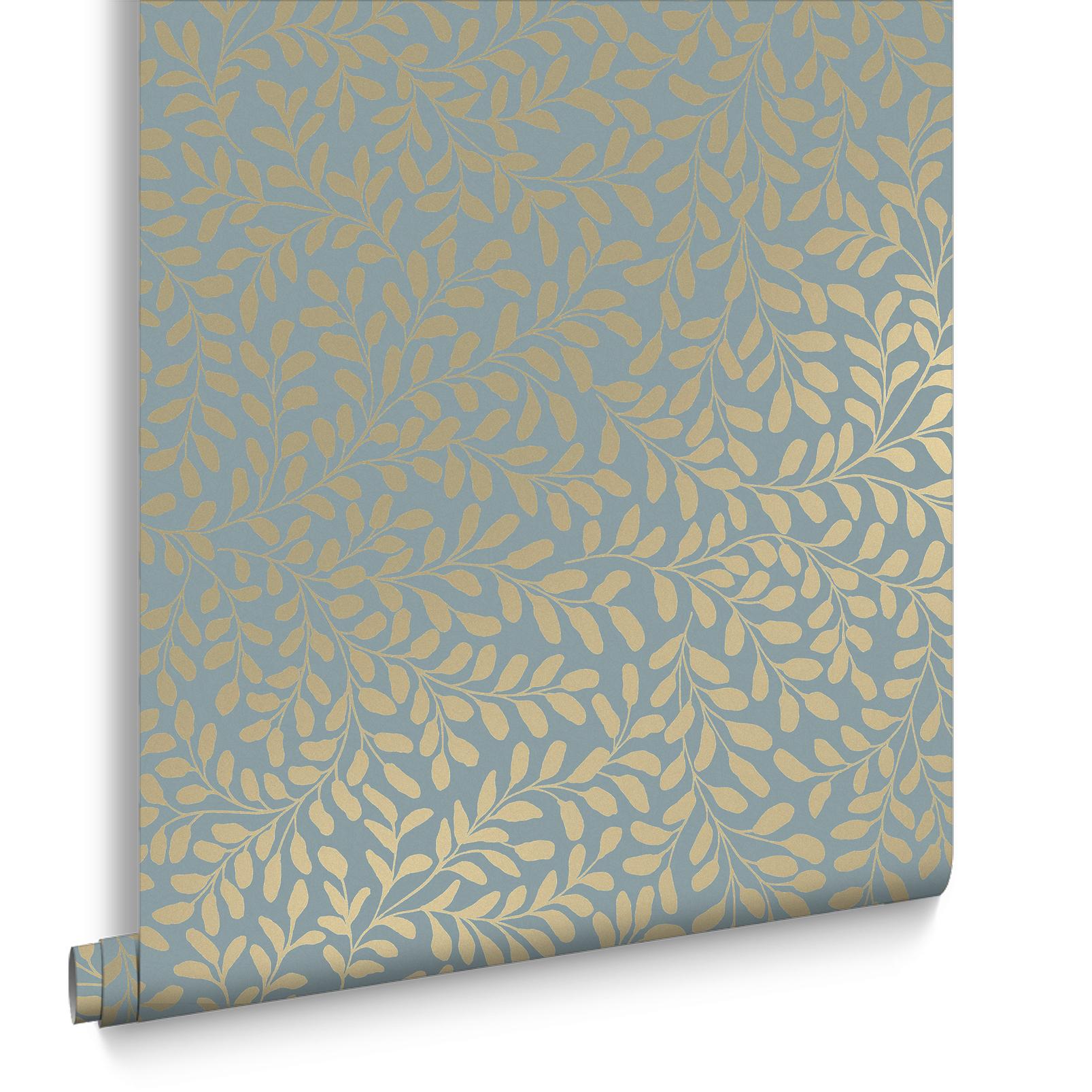 Gilded Leaf Sky Blue & Pale Gold Wallpaper