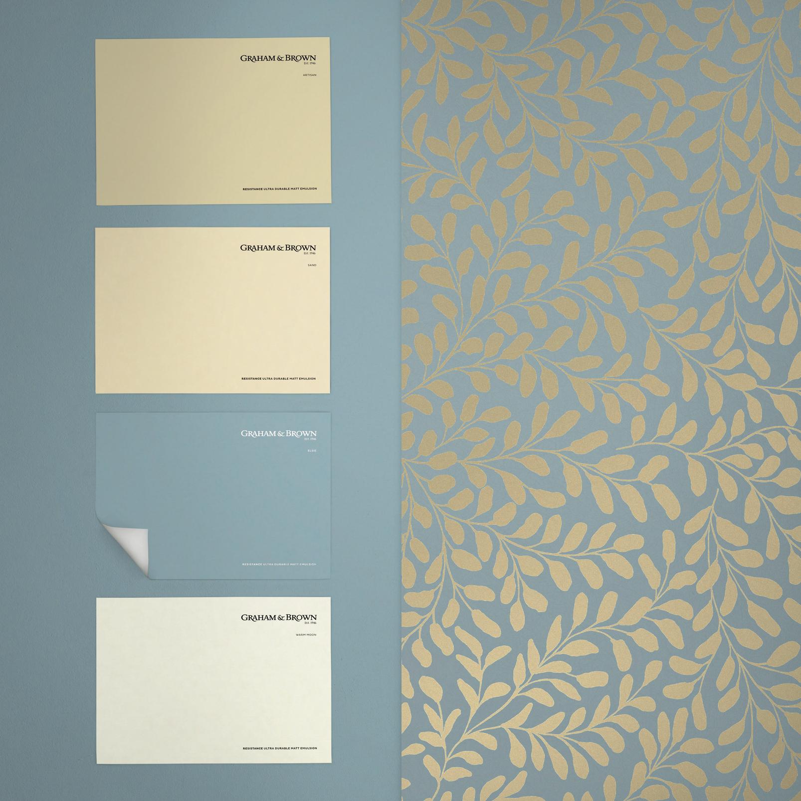 Gilded Leaf Sky Blue & Pale Gold Wallpaper