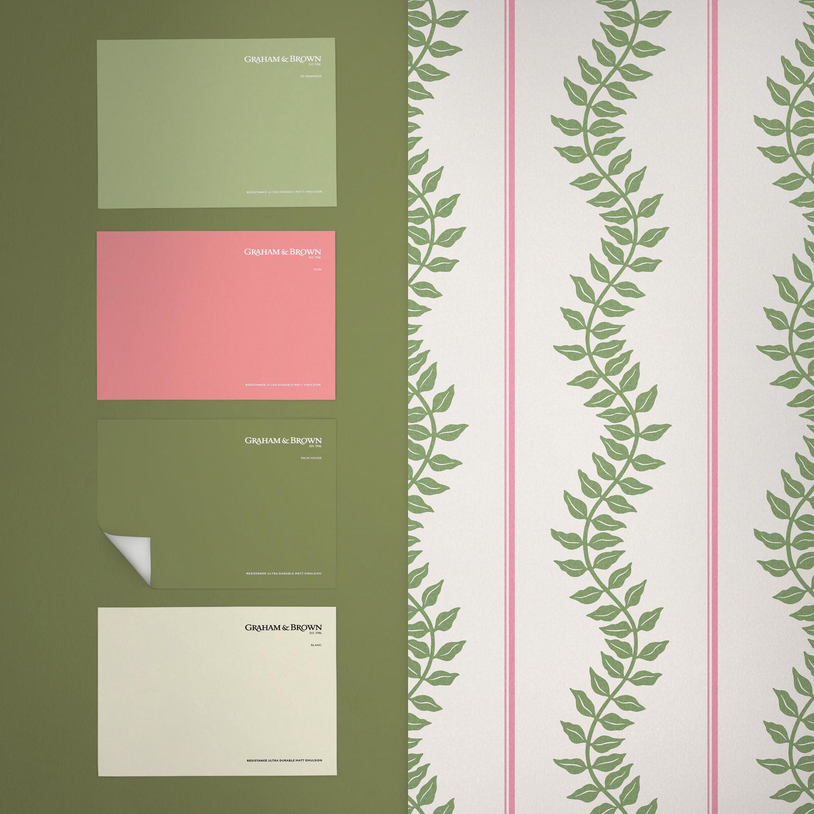 Laurel Leaf Stripe Pink & Green Wallpaper
