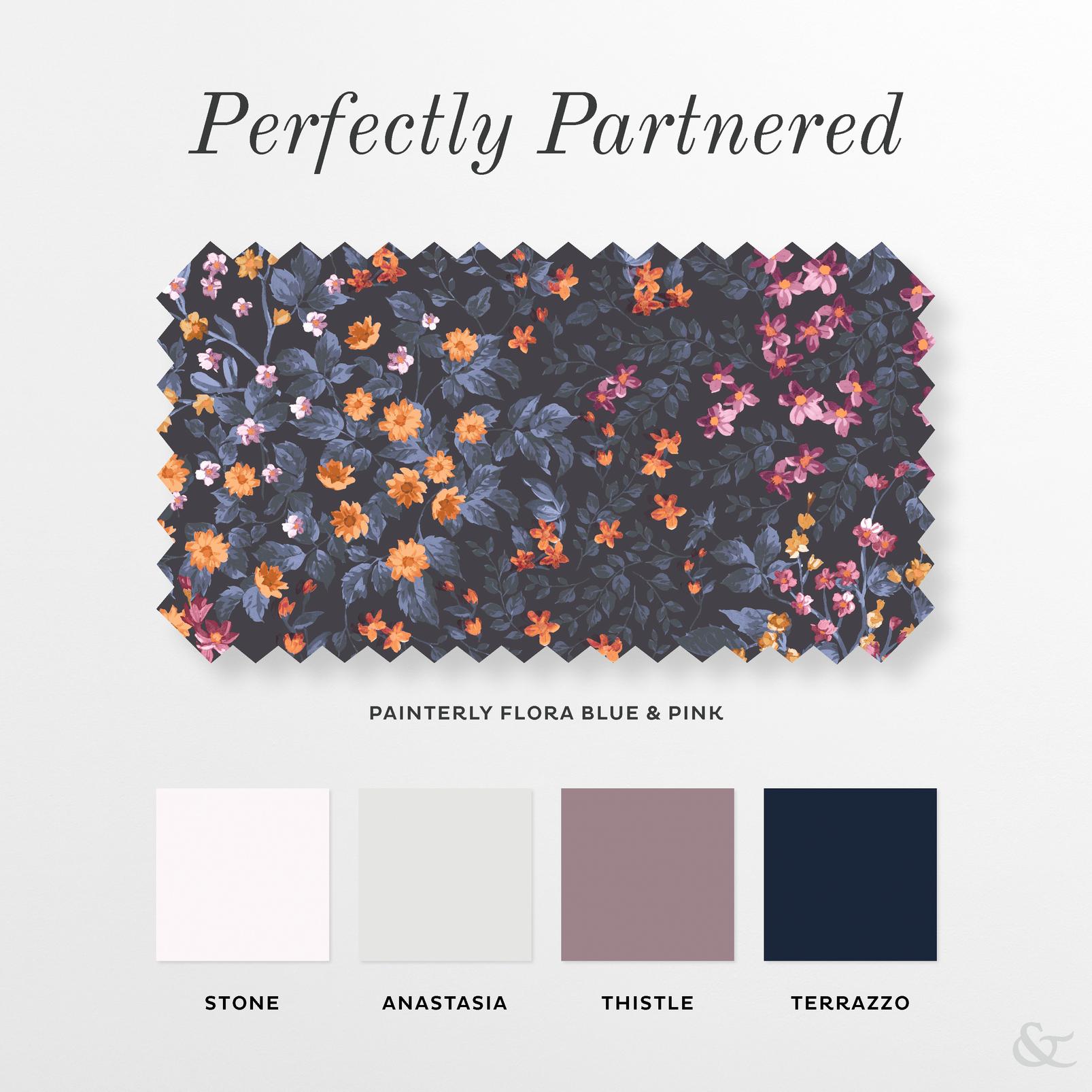 Painterly Flora Blue & Pink Roman Blind Painterly Flora Blue & Pink Roman Blind