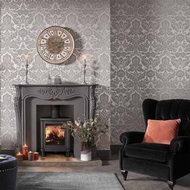 Gothic Damask Flock Grey & Silver Wallpaper Gothic Damask Flock Grey & Silver Wallpaper